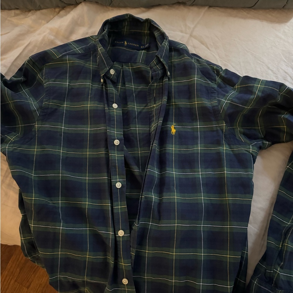 Ralph Lauren Men's Navy and Green Plaid Shirt